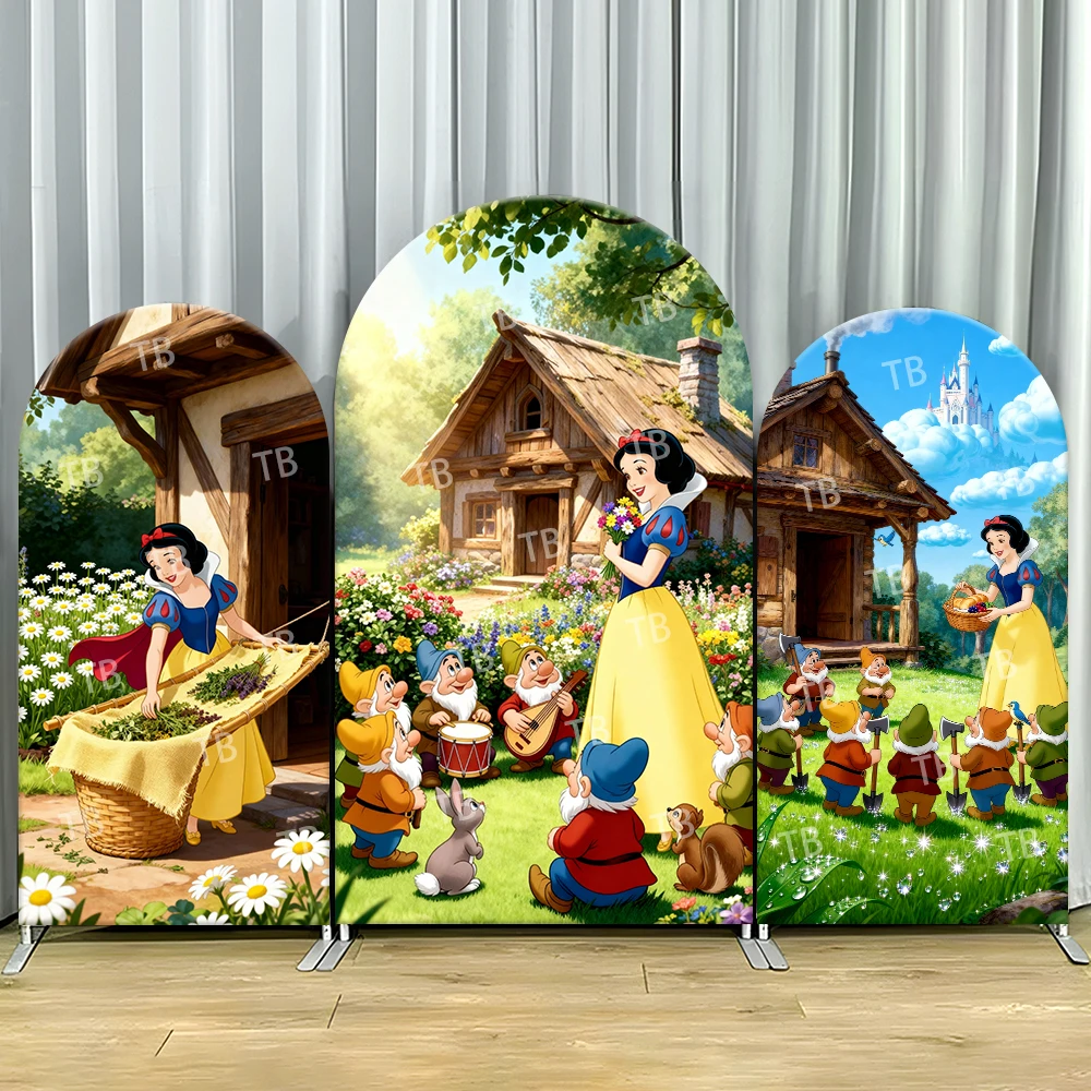 

Snow White Dwarfs Cottage Garden Arch Backdrop Cover Flowers Music Scene For Birthday Party Joyful Cartoon Theme Photo Booth