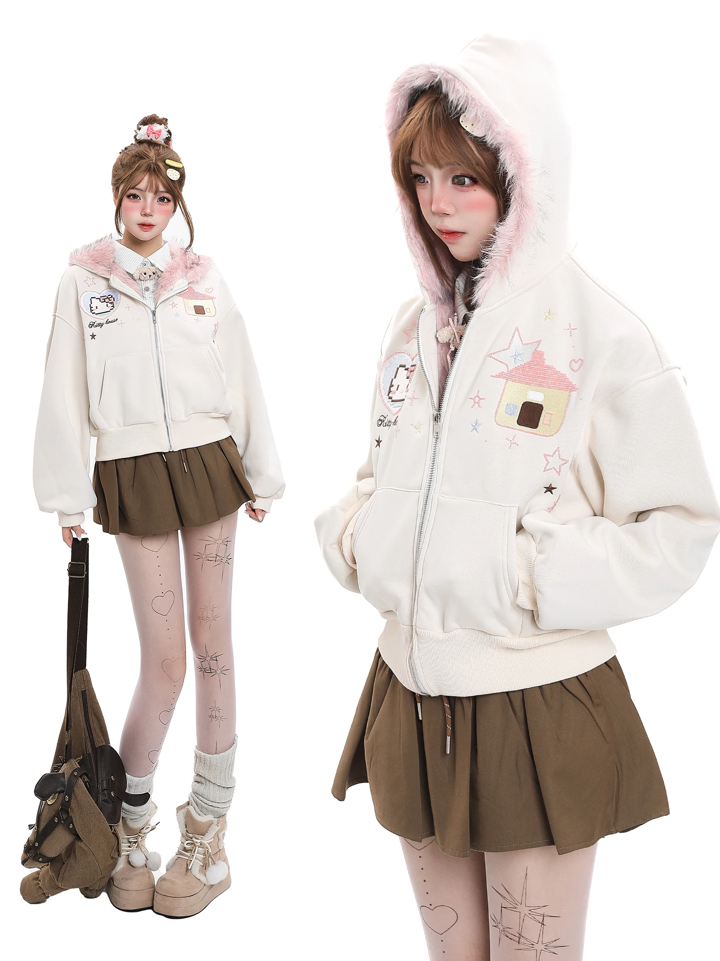 

Cute Cartoon Hooded Thiened ort Cotton Jaet Women's Winter New Sle Fce Lined Coat with Fur Collar Sweet Sle