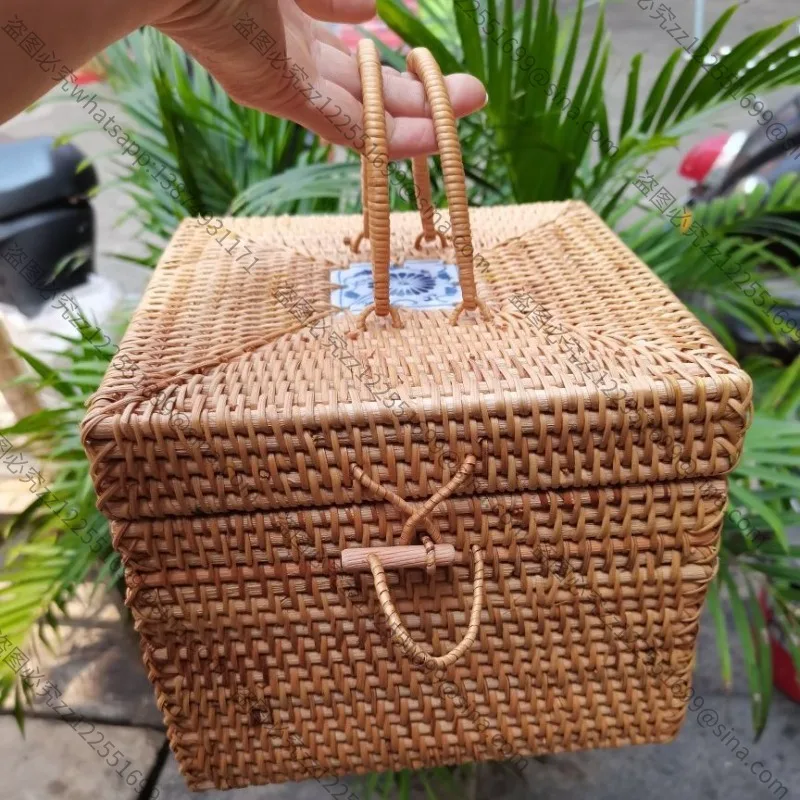 Suitable for Rattan Weaving Pure Hand-woven Square Suitcase Tea Set Box Tea CakeBox StorageBox Picnic Take-out