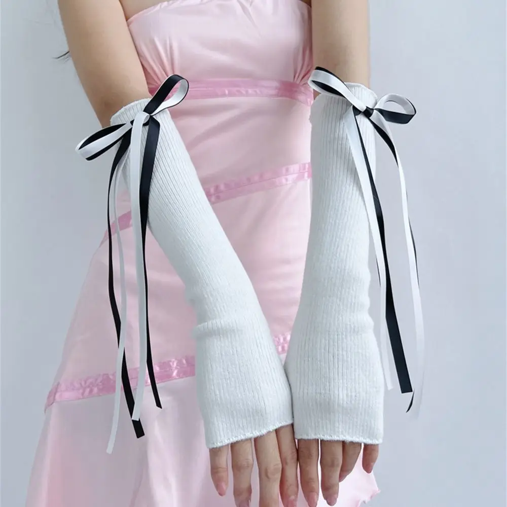 Cool Ballet Style Knitted Gloves Bowknot Fingerless Long Wrist Gloves Half Finger Gloves for Street Spicy Girl