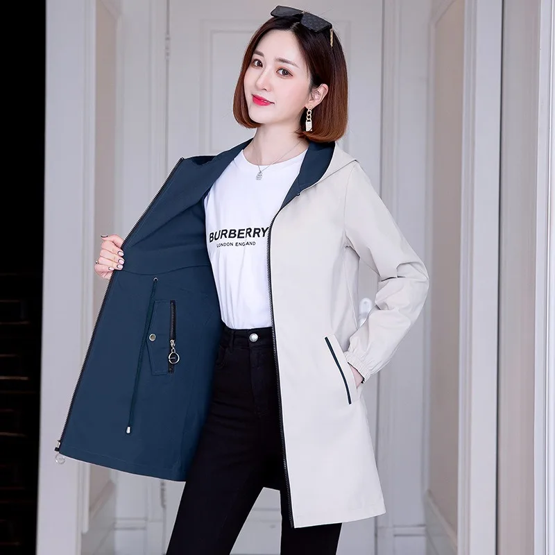 

Double-Sided Trench Coat Women 2023New Fashion Spring Autumn Clothes Hooded Mid-Length Windbreakers Female Outerwear Casual Tops