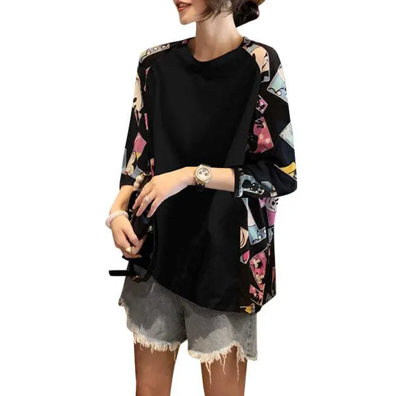 Korean Fashion Printed Patchwork Pullovers Spring Autumn New Casual 3/4 Sleeve Loose Female Clothing Commute Round Neck T-shirt