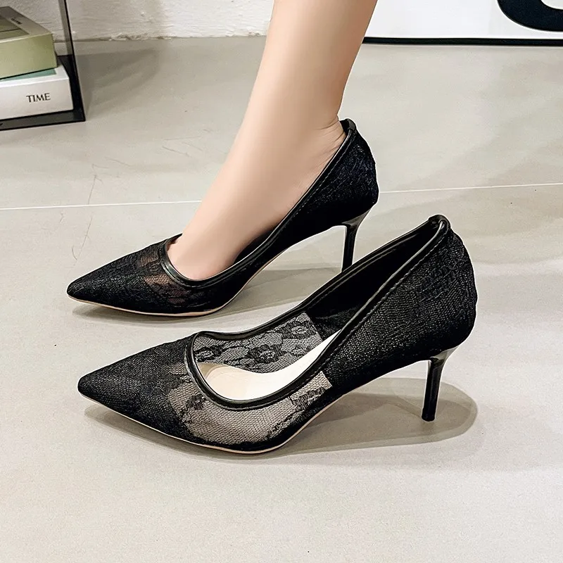 New Summer European and American Design Feeling Temperament Breathable Lace Mesh Solid High Heels Pointed Thin Heels