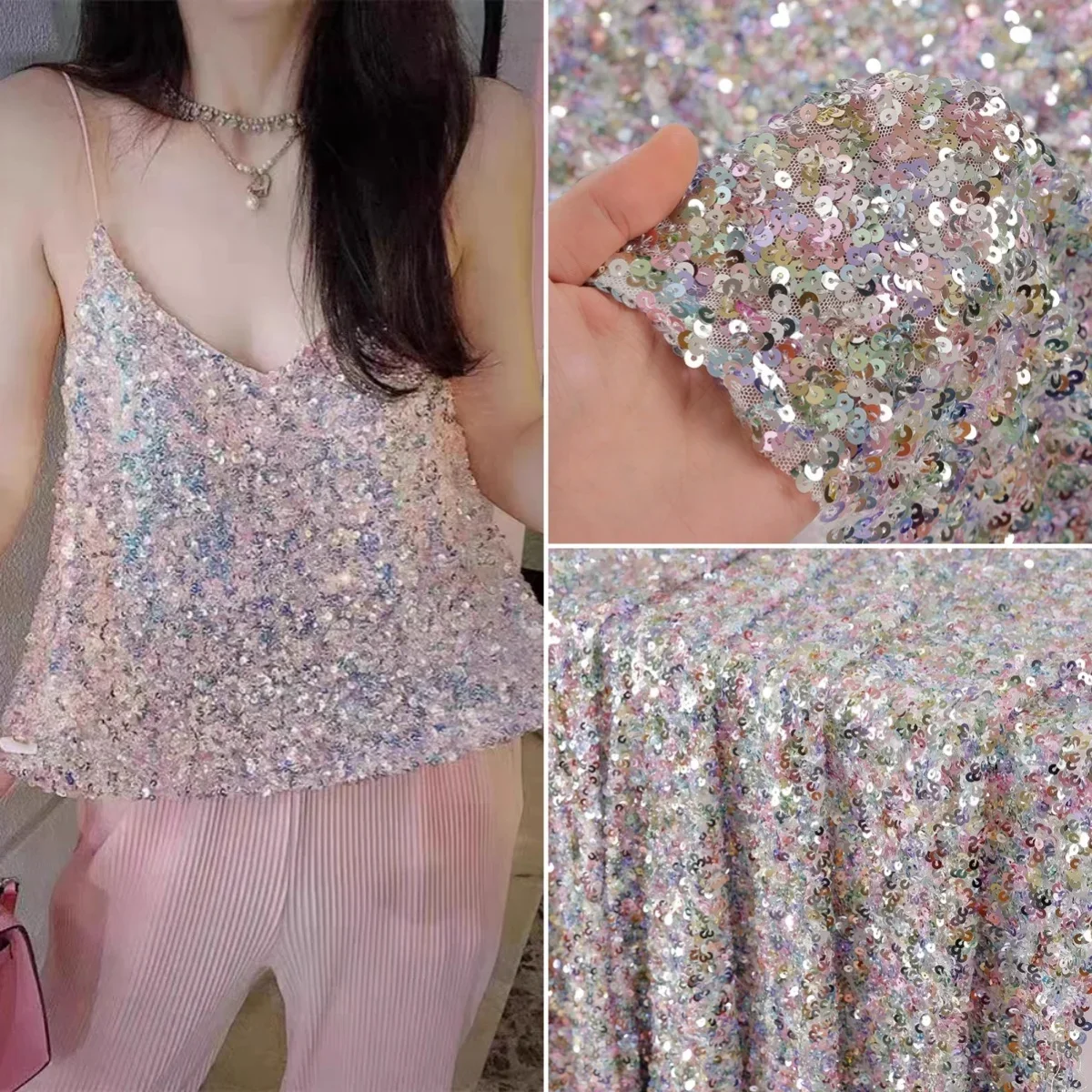 White Purple Black 5MM Sequin Bead Elastic Mesh Sewing Stage Clothing Fashion Dress Designer Fabric