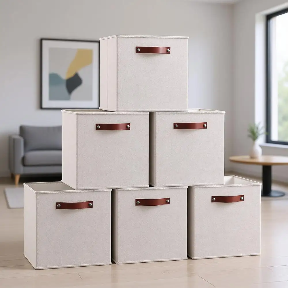 

Набор из 6 складных тканевых коробок для хранения с кожаными ручками для шкафа и организации белья, бежевый