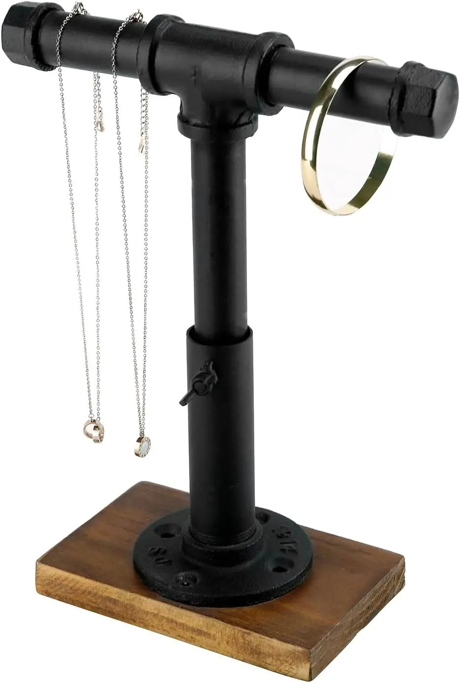 

Industrial Pipe Black Metal T-Bar Jewelry Bracelet & Necklace Adjustable Height Display Stand with Brown Wood Base
