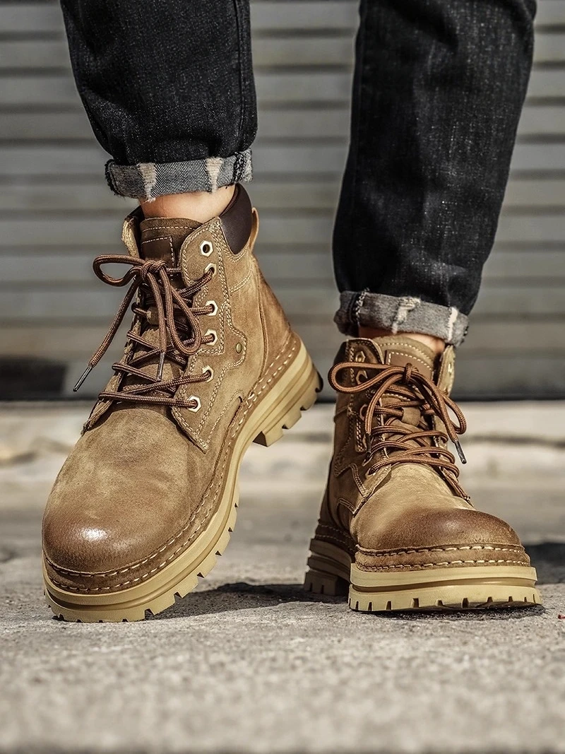 

Men's Winter Boots British Style American Brown Retro Leather Shoes Youth Workwear Large Head Boots Paratrooper Boots