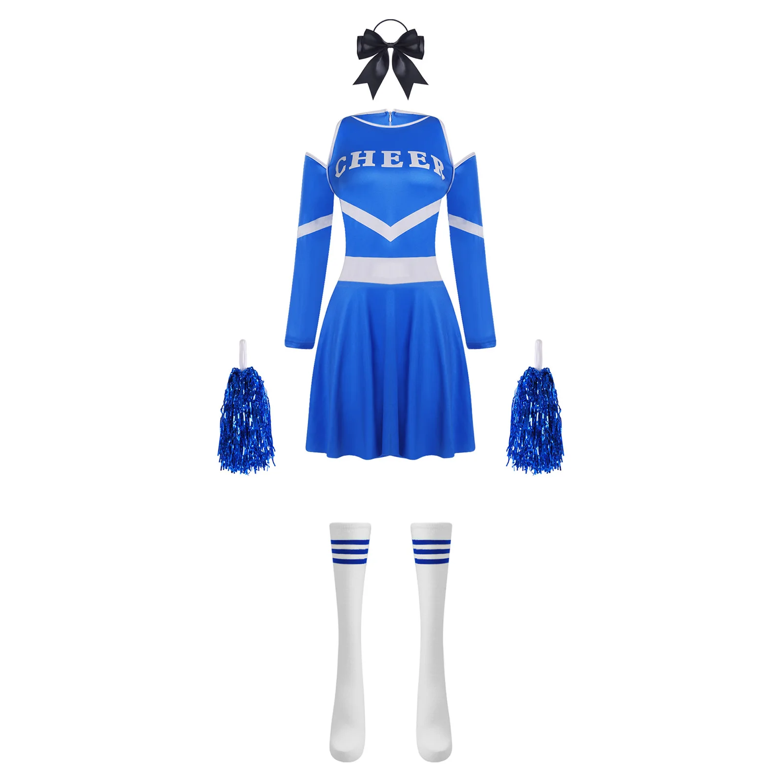 Women Cheerleading Dance Performance Costume Long Sleeve Dress with Stockings Headband Pom-poms for Halloween Party Carnival