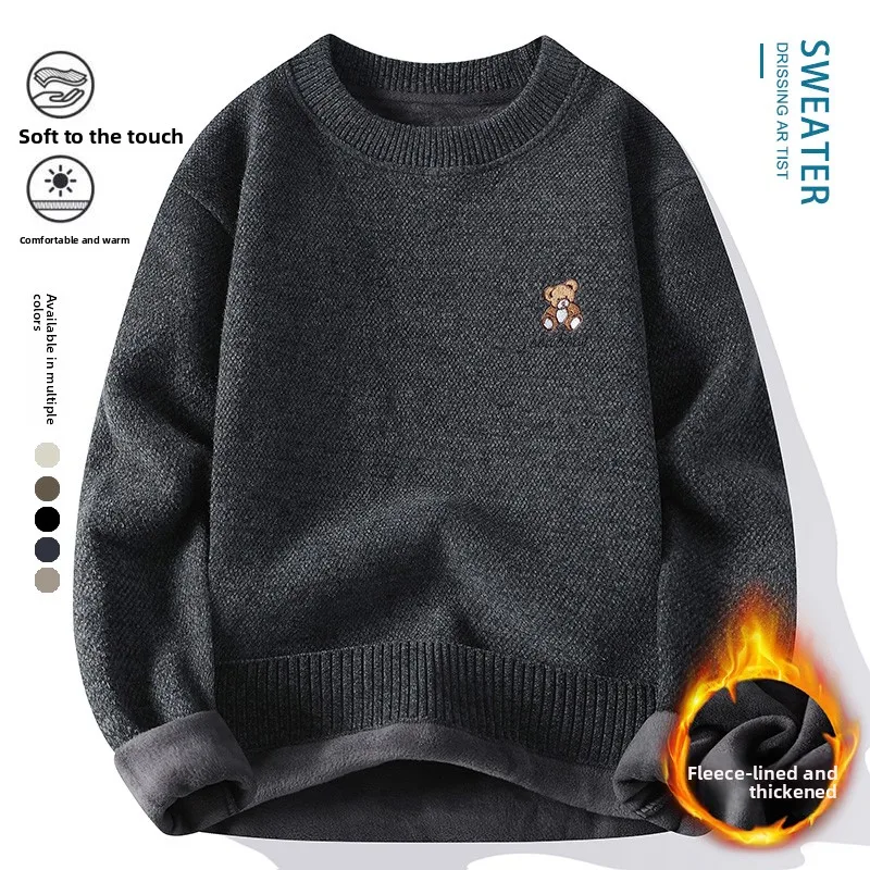 

Мужской зимний утепленный вязаный свитер с флисовой подкладкой, круглый вырез, пуловер в стиле ретро, высокое качество, теплый, мягкий, из полиэстера, повседневный, модный