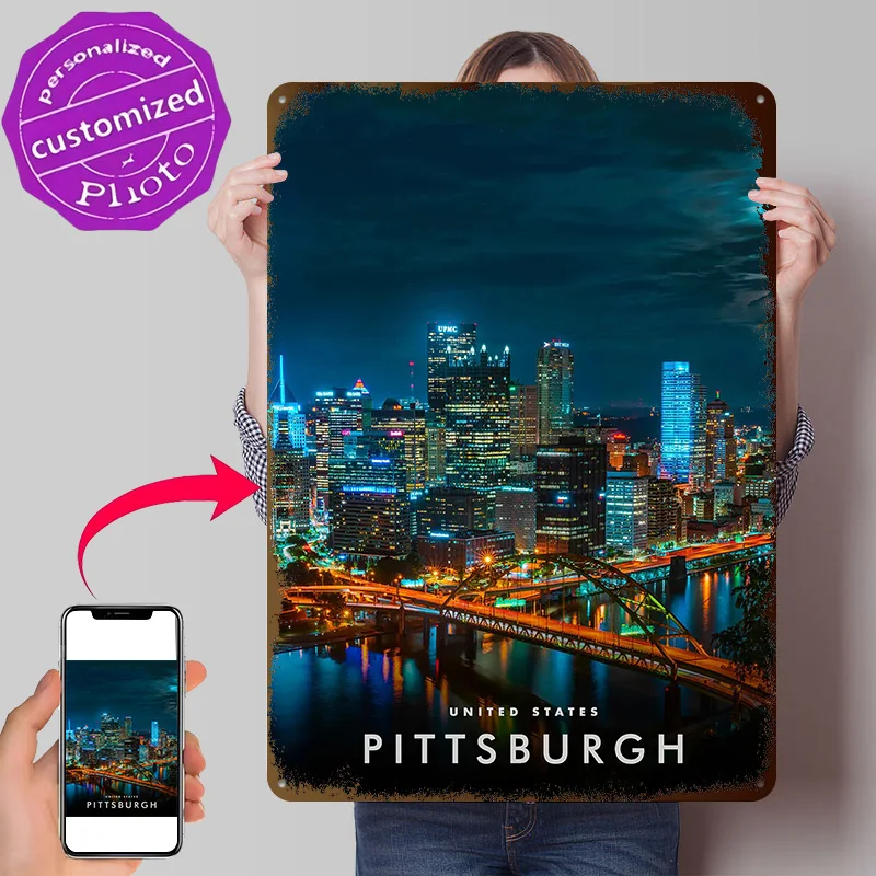 Pittsburgh At Night 3D Texture Printed Poster Custom Vintage Metal Tin Plate Sign for Wall Art Home Decoration Gaming House Room