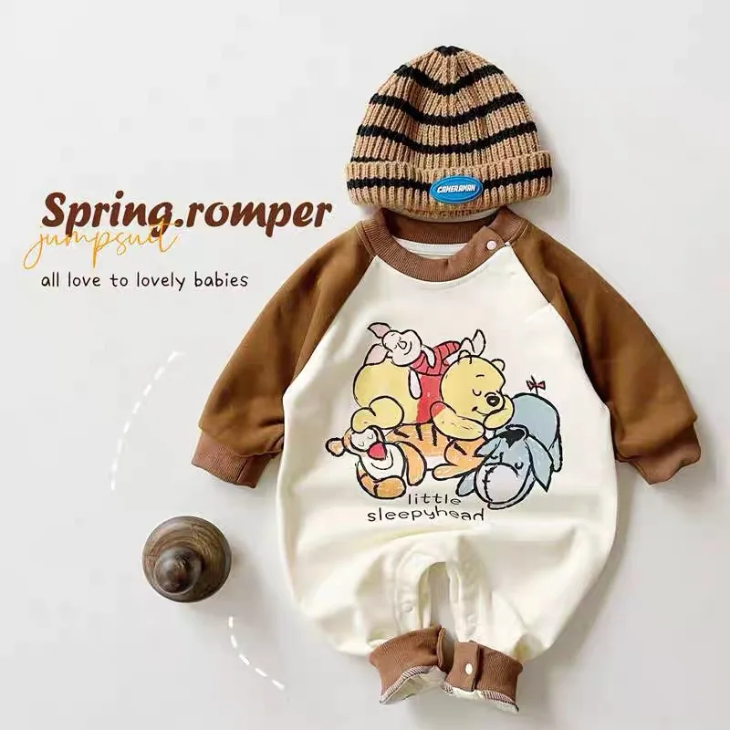 Cartoon Bear Print Bodysuits Baby Girls Cute Long Sleeve Rompers Disney New Climbing Suits Trendy Fashion Onesie For Infantil