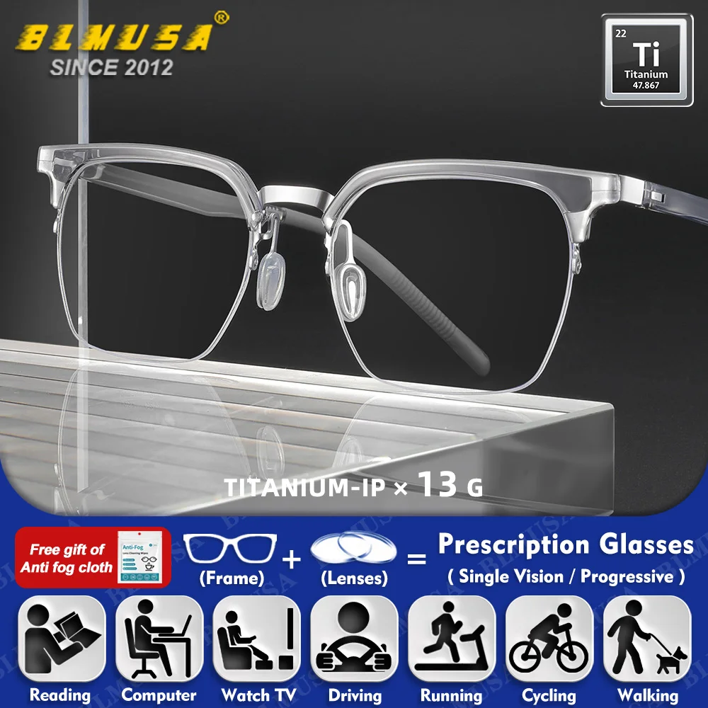 

BLMUSA (M) Business Pure Titanium Prescription Glasses Men Anti Blue Ray Square Frame Myopia Glasses Progressive Reading Eyewear
