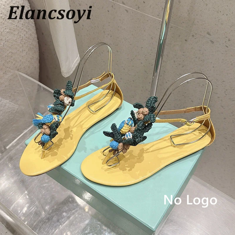 Sandals Women's Weaving Decor Split Toe Sandalias Summer Genuine Leather Flip-flops Fashion Outdoor Flat Sole Vacation Shoes