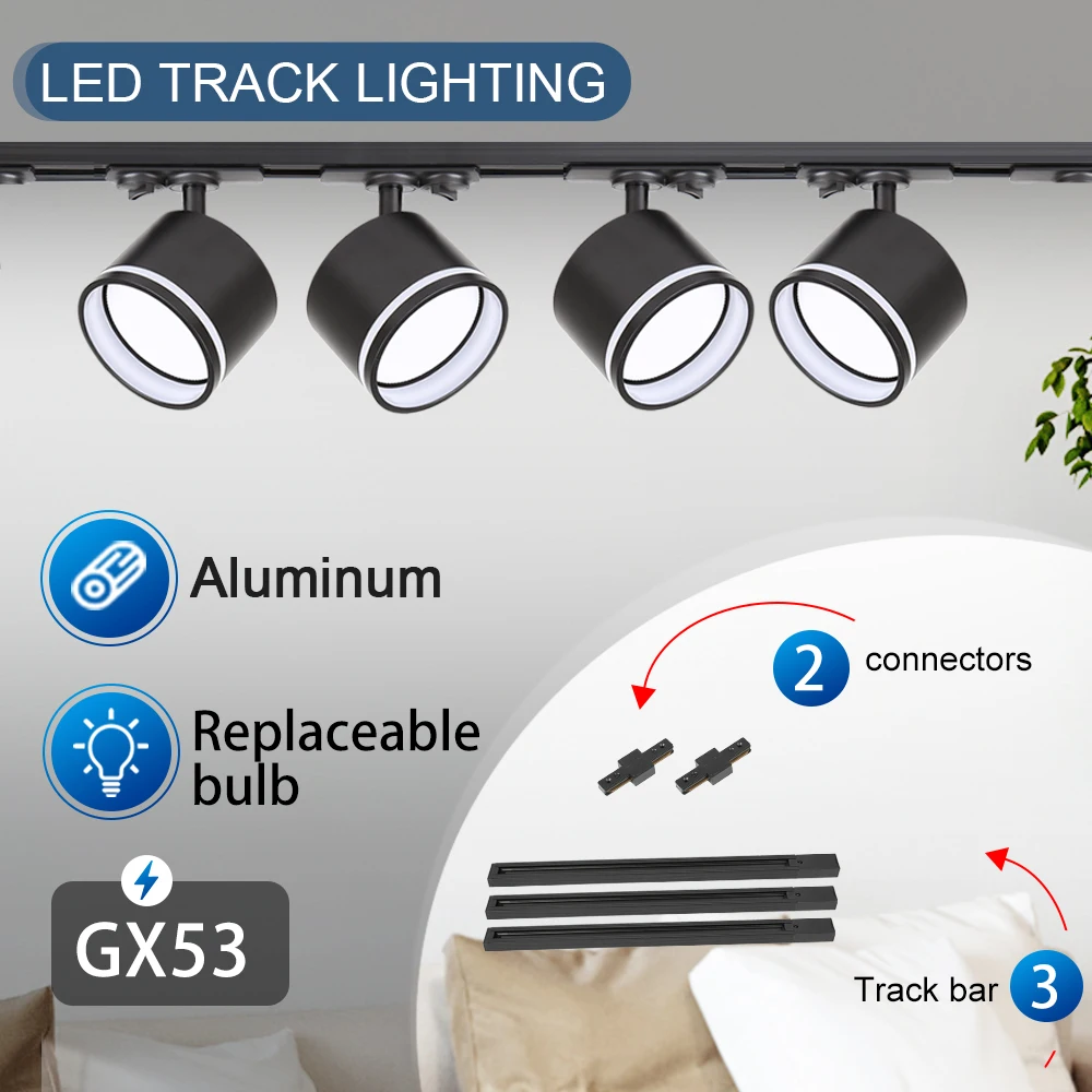 Multi-Scene Track Light GX53  AC85-265V Rail Light Replaceable Bulb Spot Lamp for Kitchen Living Room Ceiling Lighting