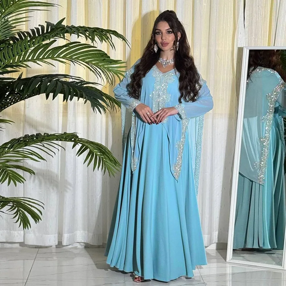 

Fashion Chiffon Diamond Party Dress Muslim Luxury Wedding Gown for Women Dubai V-neck Long Sleeve Abaya Moroccan Kaftan Jalabiya