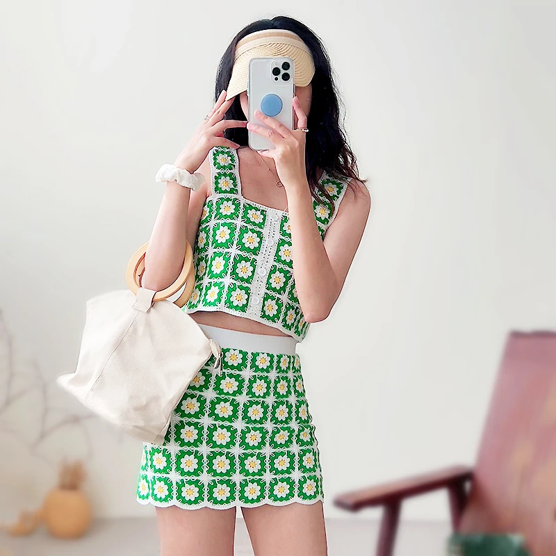 

Chic Women's Tracksuit Korea Fashion Summer Sweet Girl Set Woman 2 Pieces Knitted Crop Top Women And Skirt Women's Suit SL585