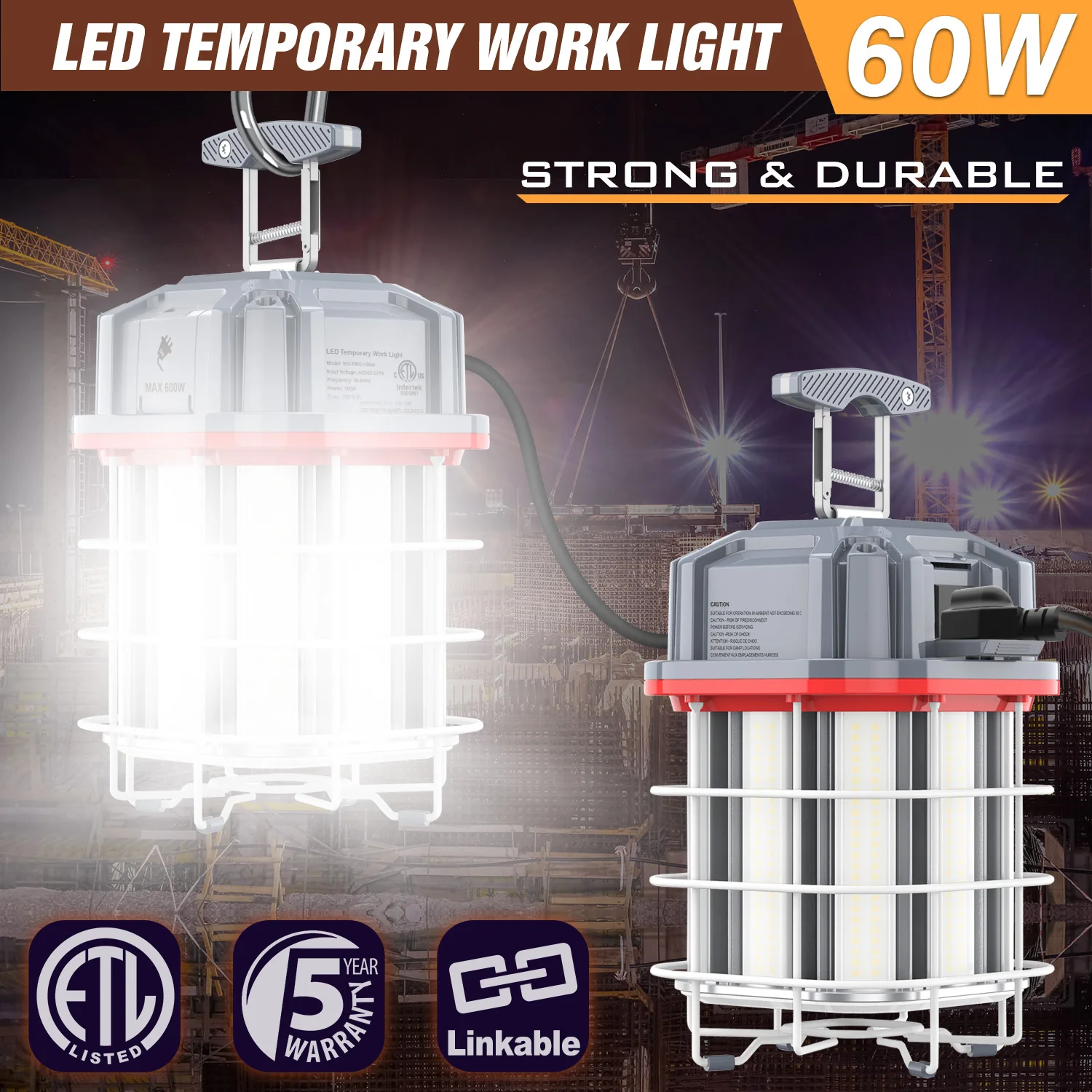 60W Outdoor Construction Lighting 5 Years Warranty AC100-277V Jobsite Tunnel Hanging Linkable LED Temporary Work Light