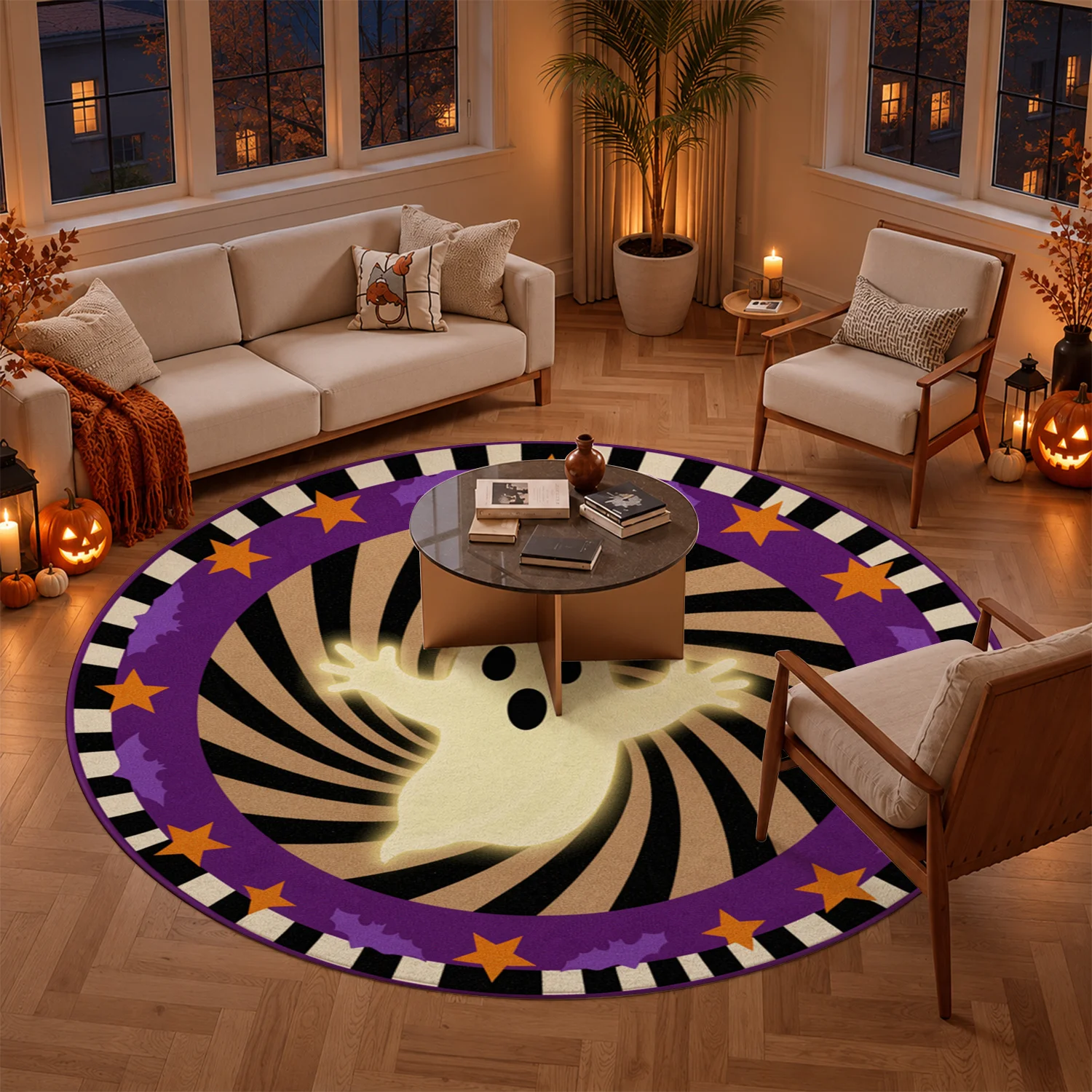 Glowing Ghost Star Border Spiral Pattern Round Velvet Area Rug, Machine Washable Soft Floor Mat, Ideal for Living Room, Bedroom, Entryway, Festive Decor for Halloween, Thanksgiving, Black Friday, Christmas, New Year