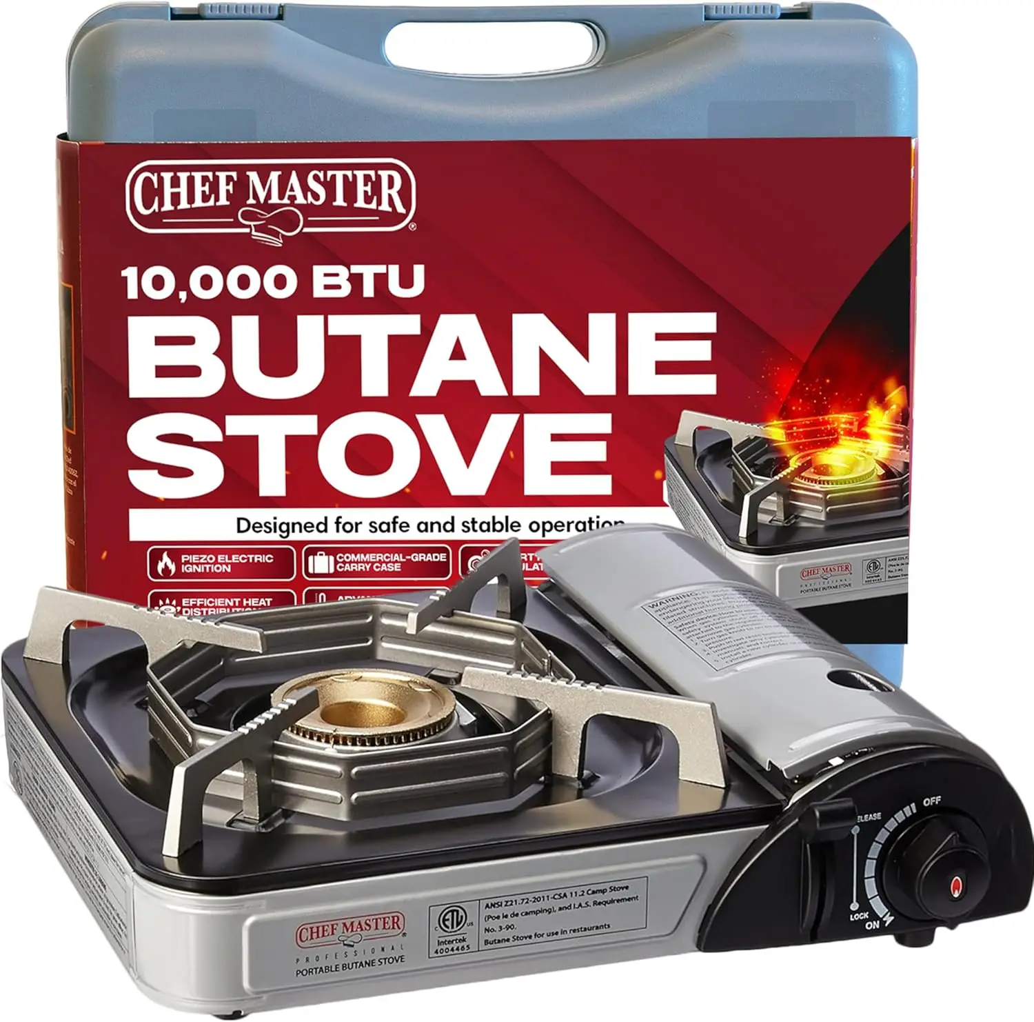 

Chef-Master 90011 Butane Stove, 10K BTU, Portable with Carry Case, Piezo Ignition, Brass Burner