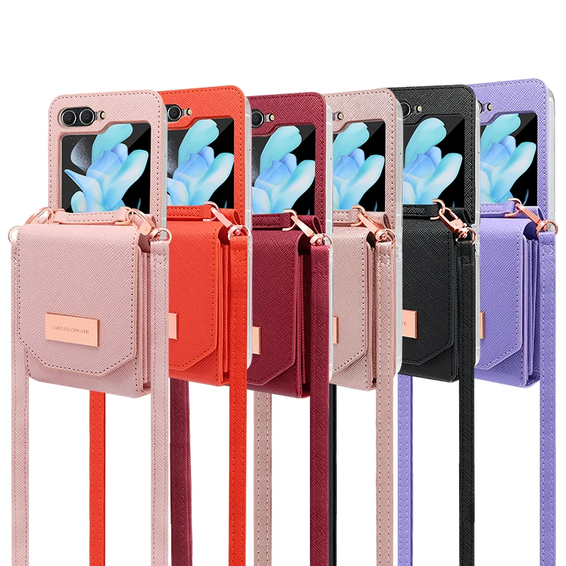 VIETAO-funda de cuero PU para tarjetas bancarias, billetera para teléfono con cordón cruzado, Compatible con Samsung Galaxy Z Flip7 6 Flip5 Flip4 Z3