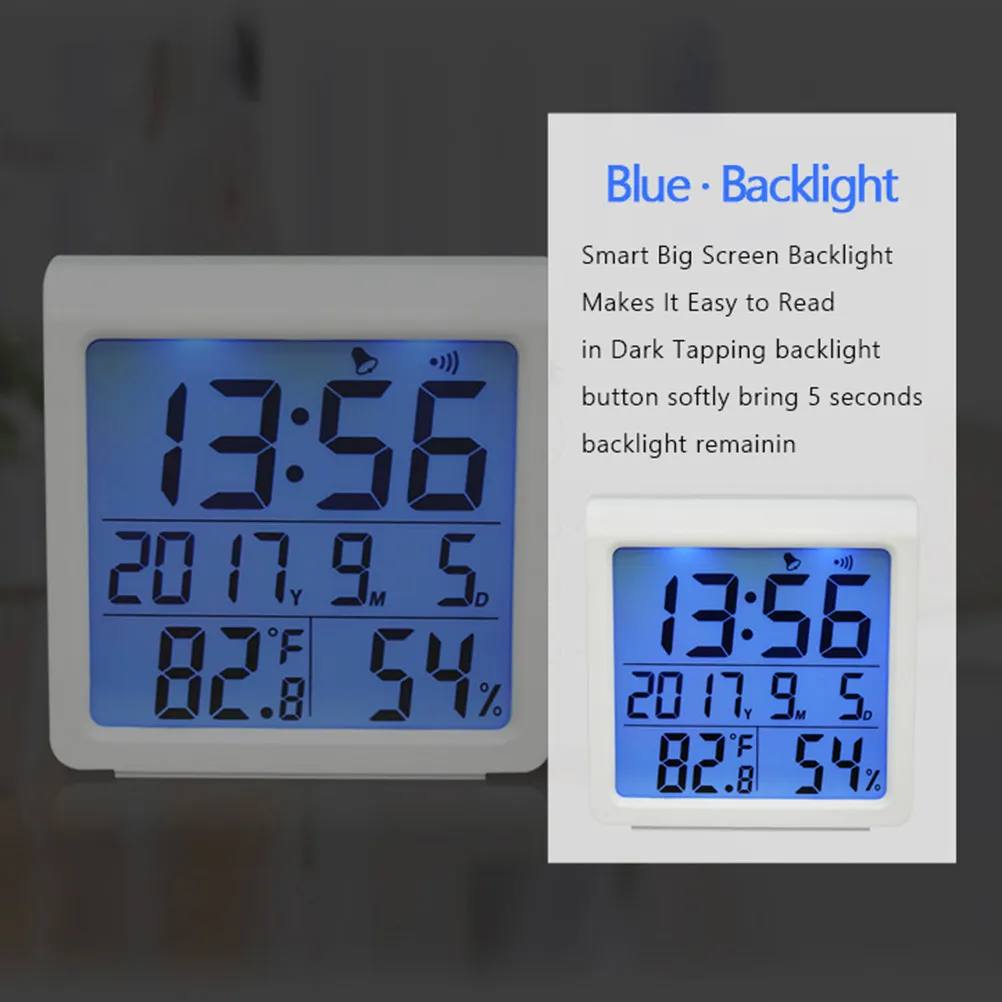 Digital Household Backlight Hygrometer White Standing Alarm Clock Temperature Humidity Calendar Time Multifuntional Indoor Meter