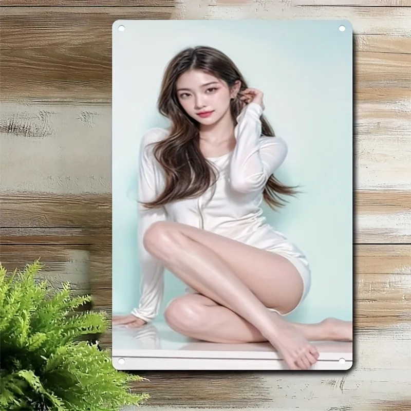 

Korean Minimalist Lady Metal Wall Art - Simple Female Poster with Iron Frame for Home, Cafe & Bar