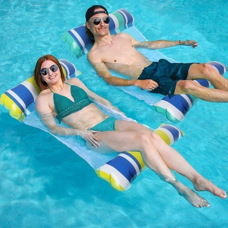 1pcs Inflatable Water Hammock with Mesh Outdoor Water Foldable Striped Floating Bed Water Lounge Chair Pool Party Beach Fun