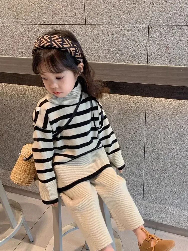 Childrens Sets Clothing Girls Knitting Autumn New Korean Fashion Stripe High Collar Sweater Wide Leg Pants Two Piece Set