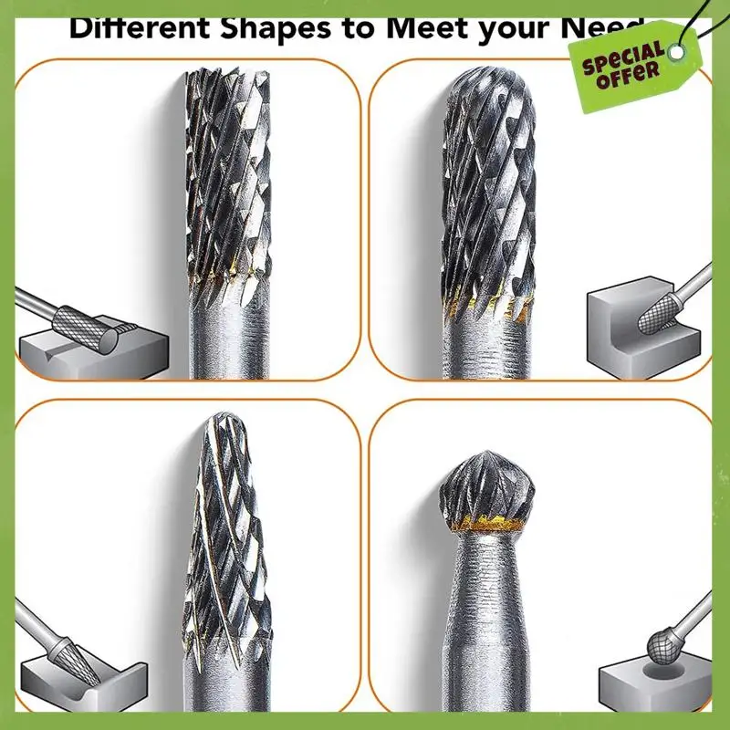 Double Cut Carbide Burr Set ¼In Shank 8PCS - Tungsten Carbide Die Grinder Bits - Rotary Rasp- Versatile Rotary Tool Bits Silver