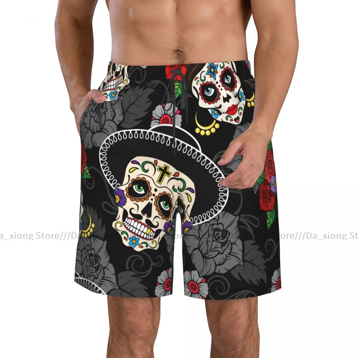 Men Beach Short Quick-drying Swimming Trunk Day Of The Dead Sugar Skulls Swimwear Swimsuit Bathing Shorts