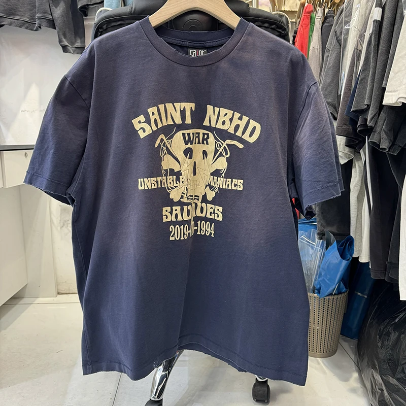 2025 Washed Blue Series SAINT NBHD Pure Cotton Casual T Shirts for Men Loose Fashion Youth