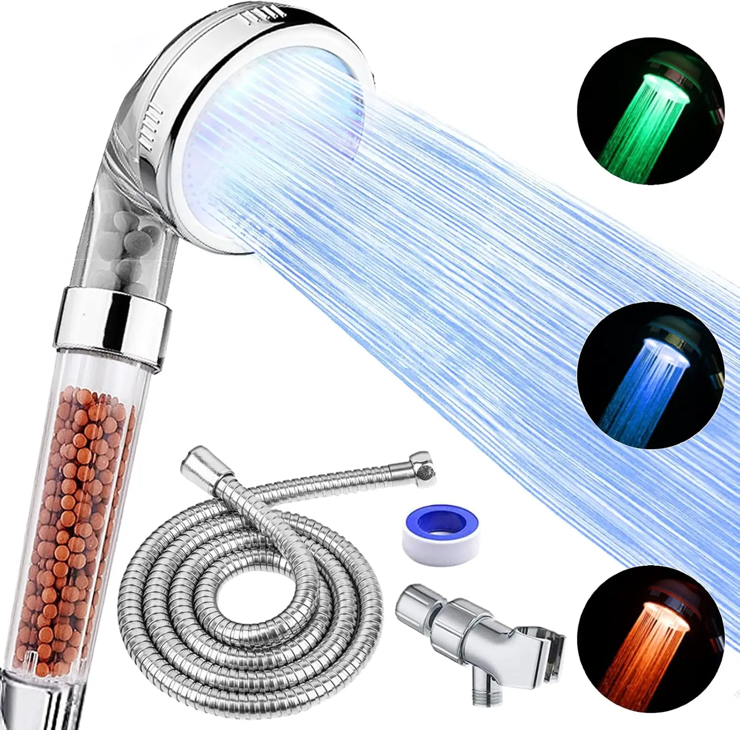 

LED Shower Head with Handheld, Shower Head High Pressure Shower Head with Hose & Holder, 3 Water Temperature-Controlled