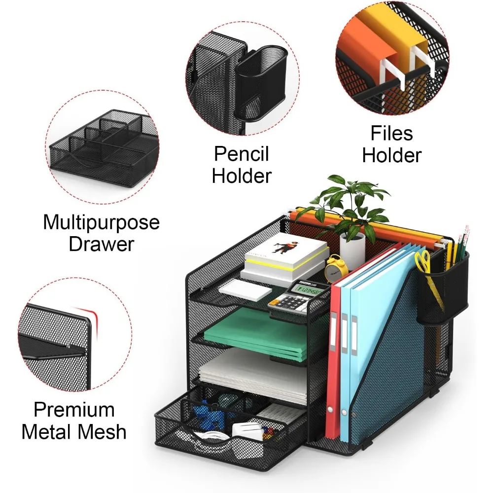 organizer da scrivania con portadocumenti sospeso, vassoio porta lettere in carta con cassetto e portapenne, organizer da scrivania in rete e portaoggetti