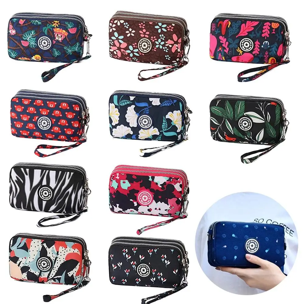 Universal Three Layers Coin Purse Oxford Cloth Large Capacity Print Flower Wallet Waterproof Zipper Coin Bags