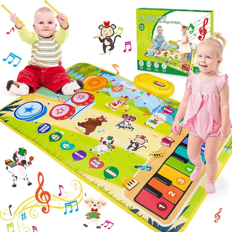 Baby Musical Play Mat,Early Educational 3 in 1 Floor Piano Drum Animal Touch Play Blanket