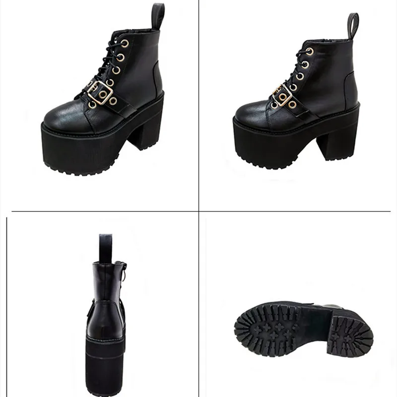 Chunky Heel High Heel Waterproof Platform Boots Women  Winter Ankle Boots Leather PU Side Zip Belt Buckle Design Boots for Women