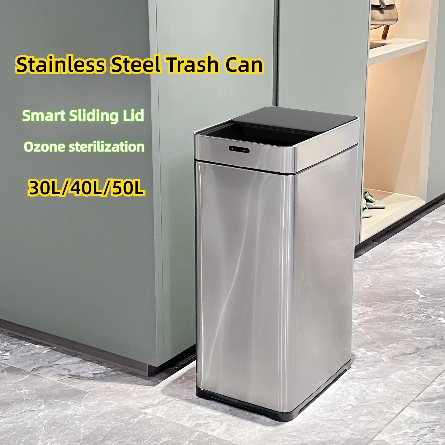 Smart Sensor Sliding Lid Trash Can Stainless Steel Wastebasket Household with Ozone Sterilization Large Capacity Garbage Can