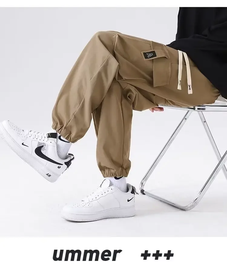 Summer slim pants for men's Korean trendy workwear casual pants with loose side stripes and versatile cropped leggings