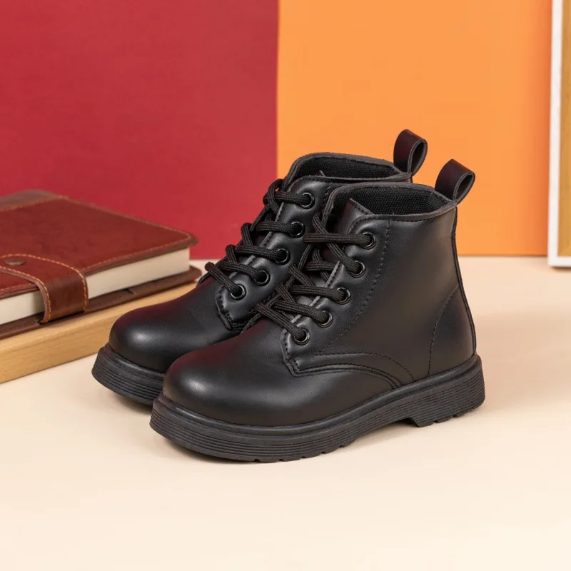 

Classic Black Children's Ankle Boots Hot Sale Kids Fashion Boys Short Boots Non-slip School Versatile Girls Causal Leather Boots