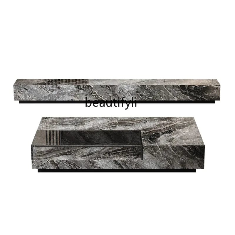 

Italian minimalist rock slab coffee table TV cabinet, light luxury modern small apartment living room home simple glass design