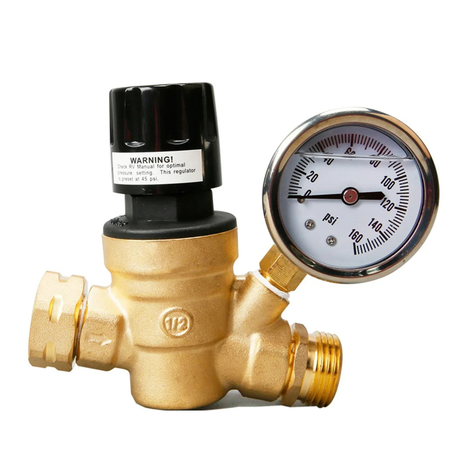 Water Pressure Regulator Valve 3/4in NH Thread Brass Pressure Reducing Valve with Gauge for RV Trailer