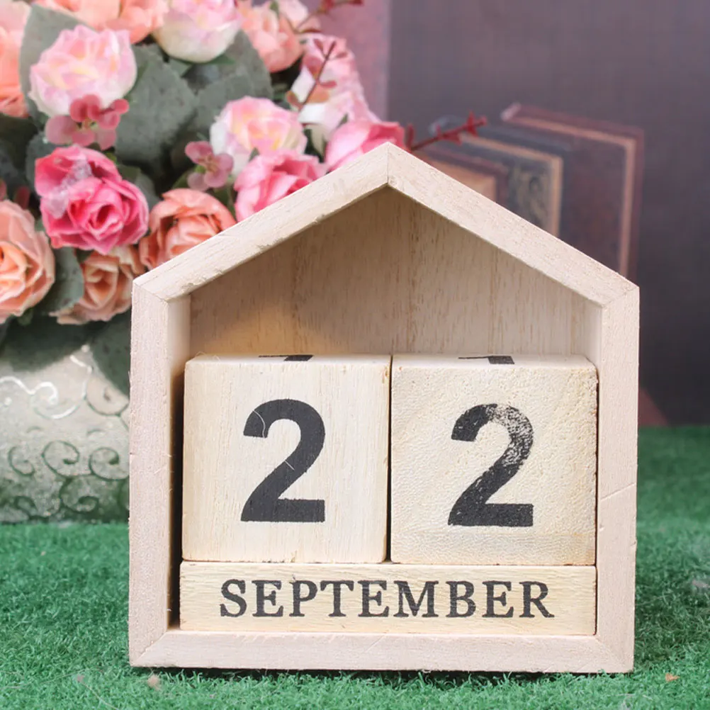 

Wooden Calendar Ornament Home Decor Office Desktop Decoration Table Bamboo Retro