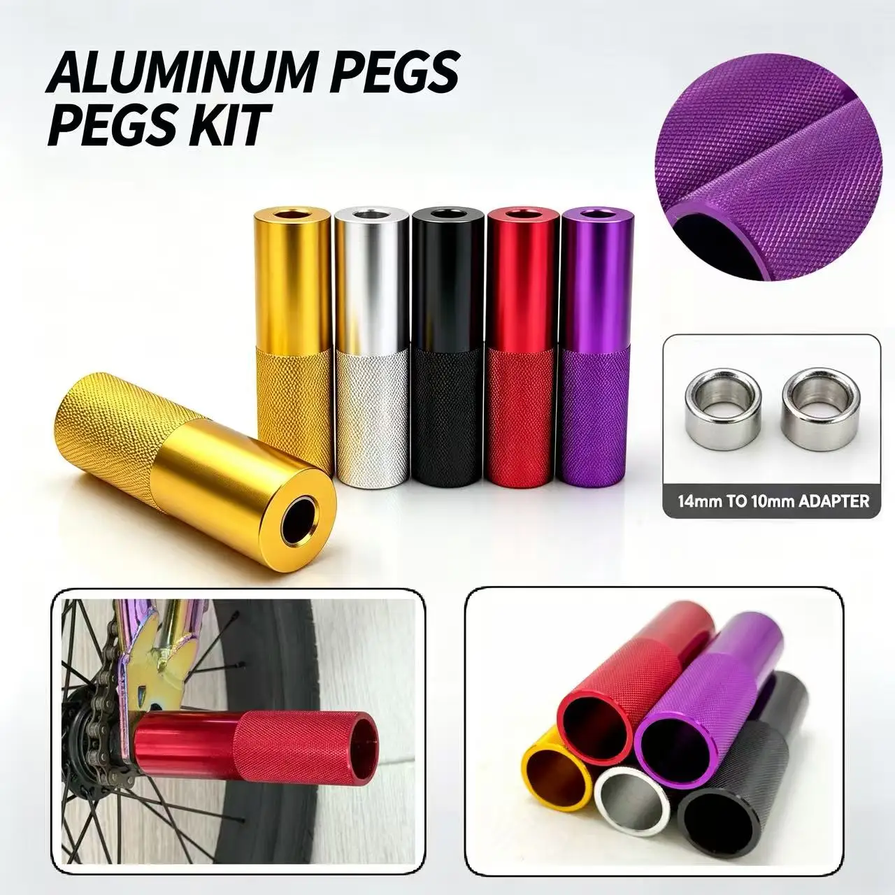 110mm BMX Aluminum Foot Pegs With 14mm To 10mm Convert Bushings Stunt Bike Axle Pegs Anti-slip Knurled Pegs