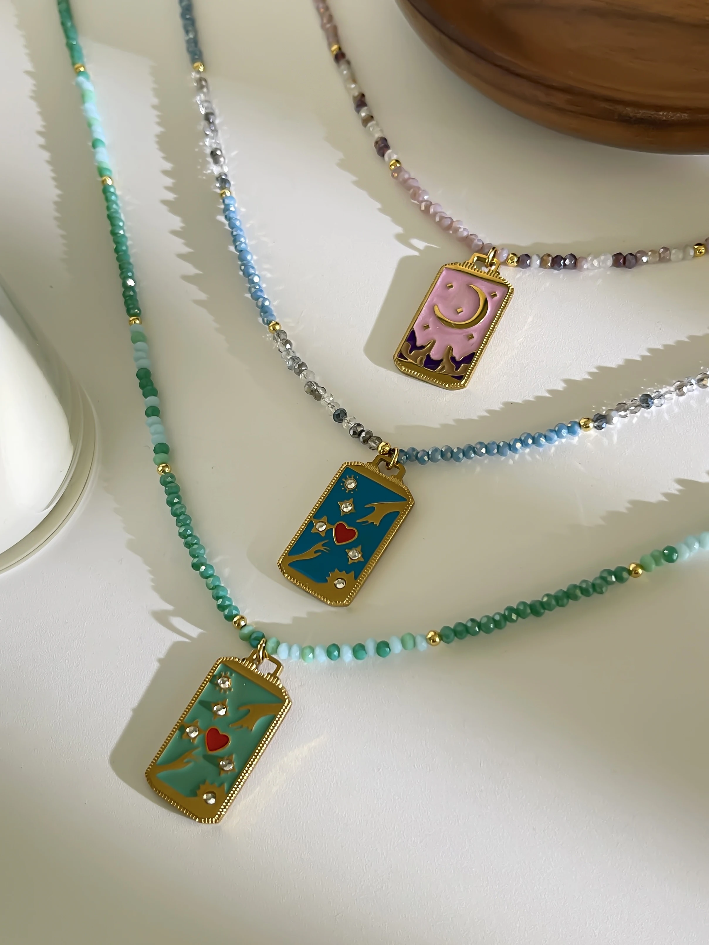 Peri\'sbox Bohemian Multi-color Acrylic Beaded Chain Colored Enamel Rhinestone Square Pendant Necklace for Women High-End Jewelry