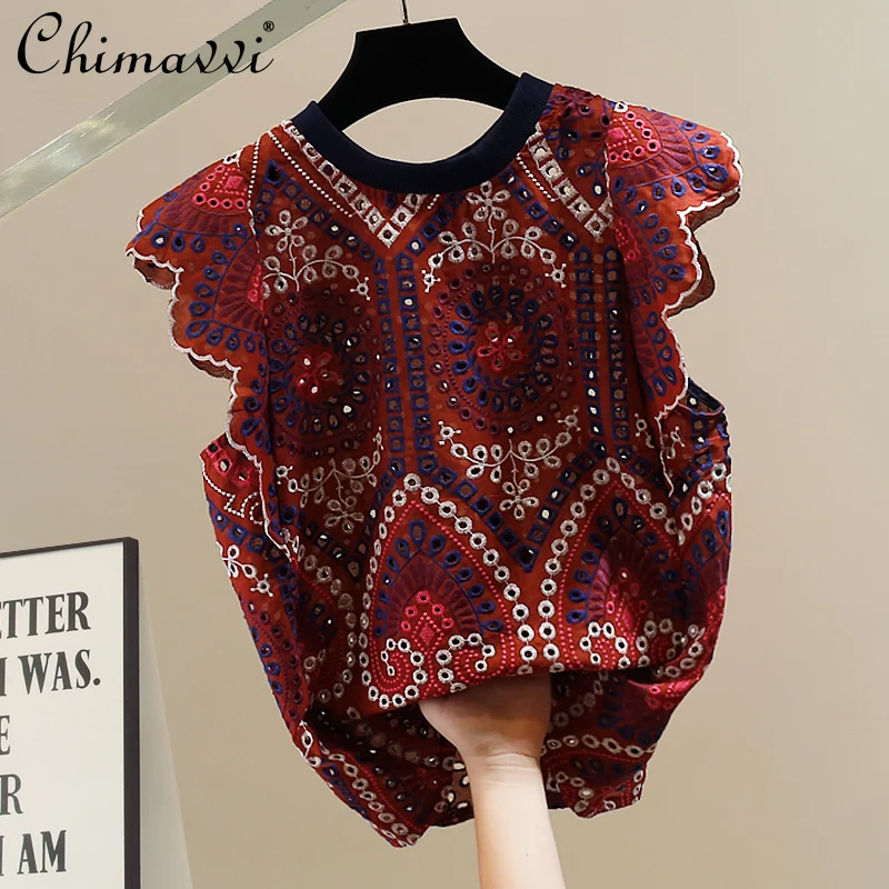 

Fashion Heavy Industry Hollow Embroidery Flower Splicing Top 2025 Summer New Women's Sleeveless Temperament Shirt Blouse