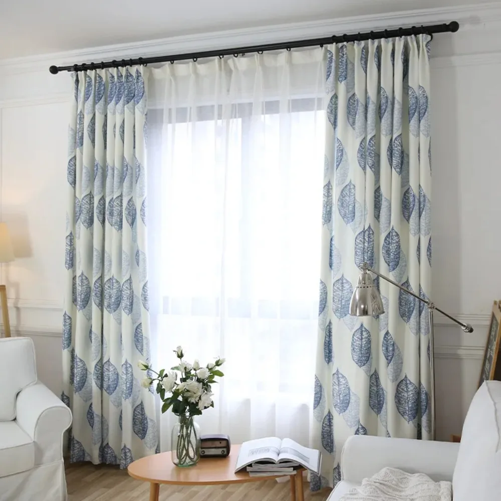 Bluey Leaf Semi-blackout Curtains Partition Window Curtains for Living Room Blackout Kitchen Home Elegant Cotton and Linen