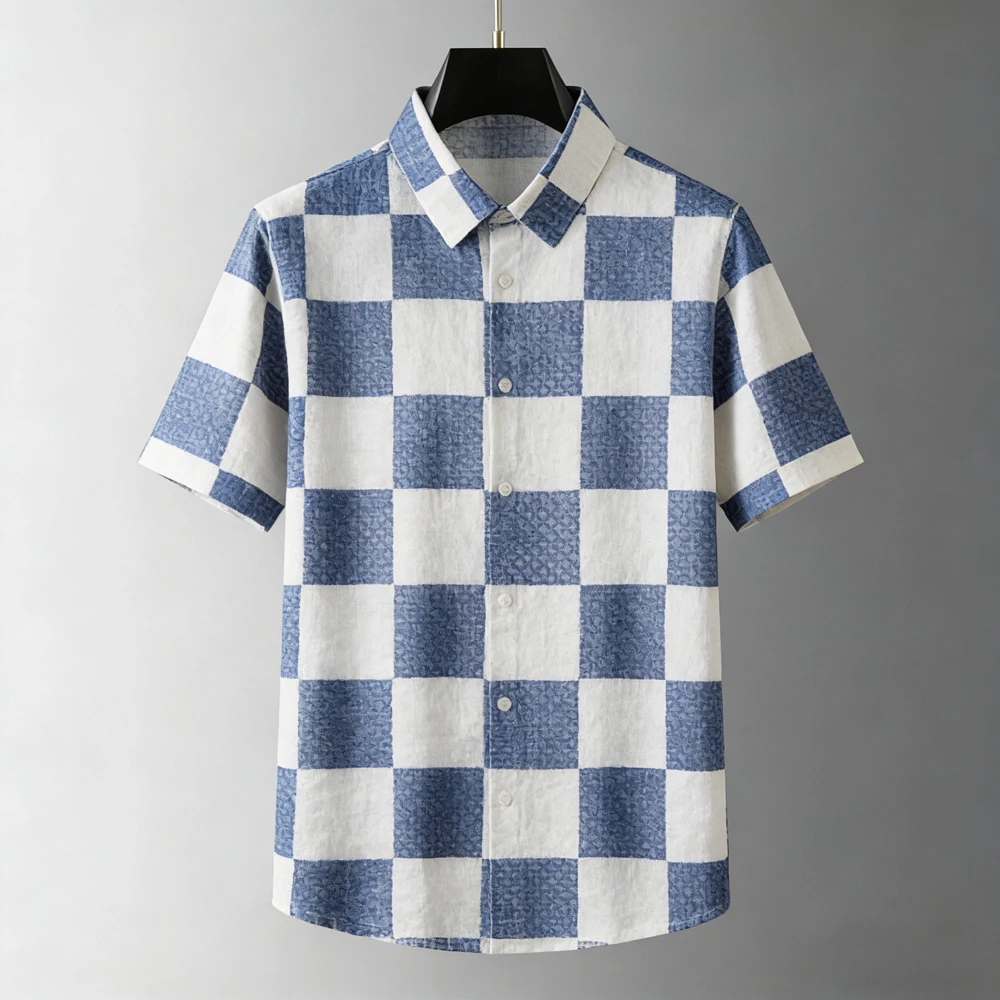 Men's Shirt Checkered Polka Dot Splicing Print Turn‑down Collar Short Sleeve Vacation Party Casual Button Down Men Clothes