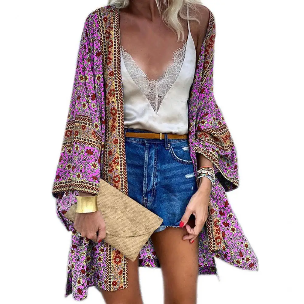 

Long Sleeve Sun Protection Women Cardigan Quick Drying Summer Open Front Bohemian Floral Printed Shirt for Beach