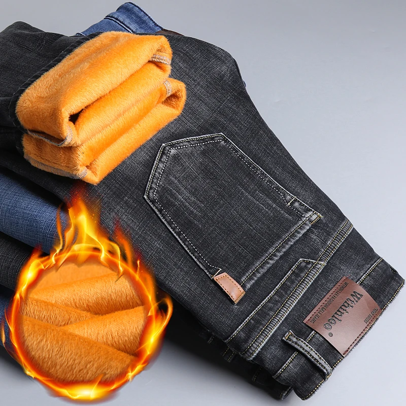 

2024, новые мужские модные зимние джинсы, мужские серые облегающие эластичные толстые бархатные брюки, теплые джинсы, повседневные флисовые брюки, мужские