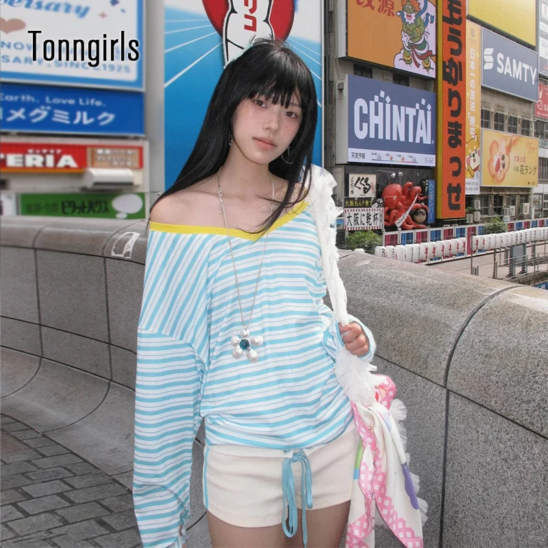 Tonngirls  Japanese Y2k Blue Striped T-shirt Women V-neck Long Sleeve T Shirt Vintage Off Shoulder Loose Tee Tops 2000s Korean